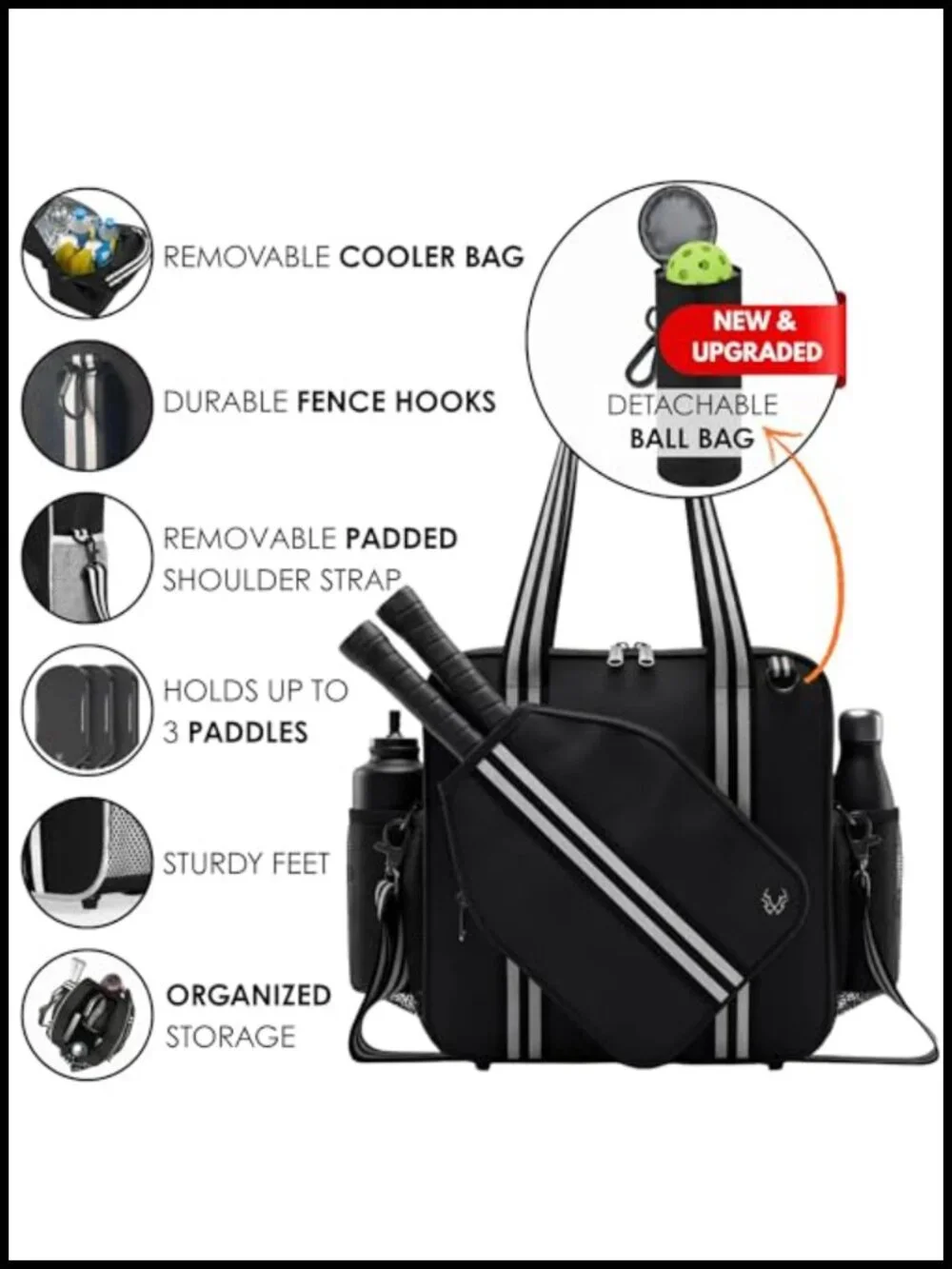 Pickleball Tote Bag with Detachable Cooler & Fence Hooks